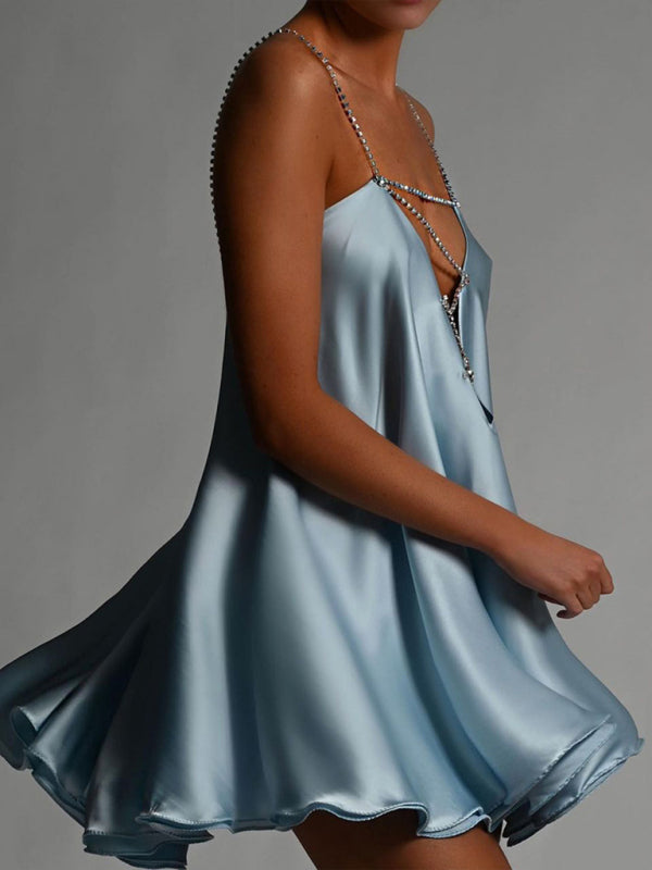 Elegant Dresses- Elegant Satin Diamonds Flowy Backless Plunge Slip Mini dress- - IndioGear Clothing and Gear