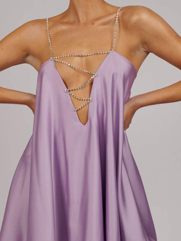 Elegant Dresses- Elegant Satin Diamonds Flowy Backless Plunge Slip Mini dress- - IndioGear Clothing and Gear