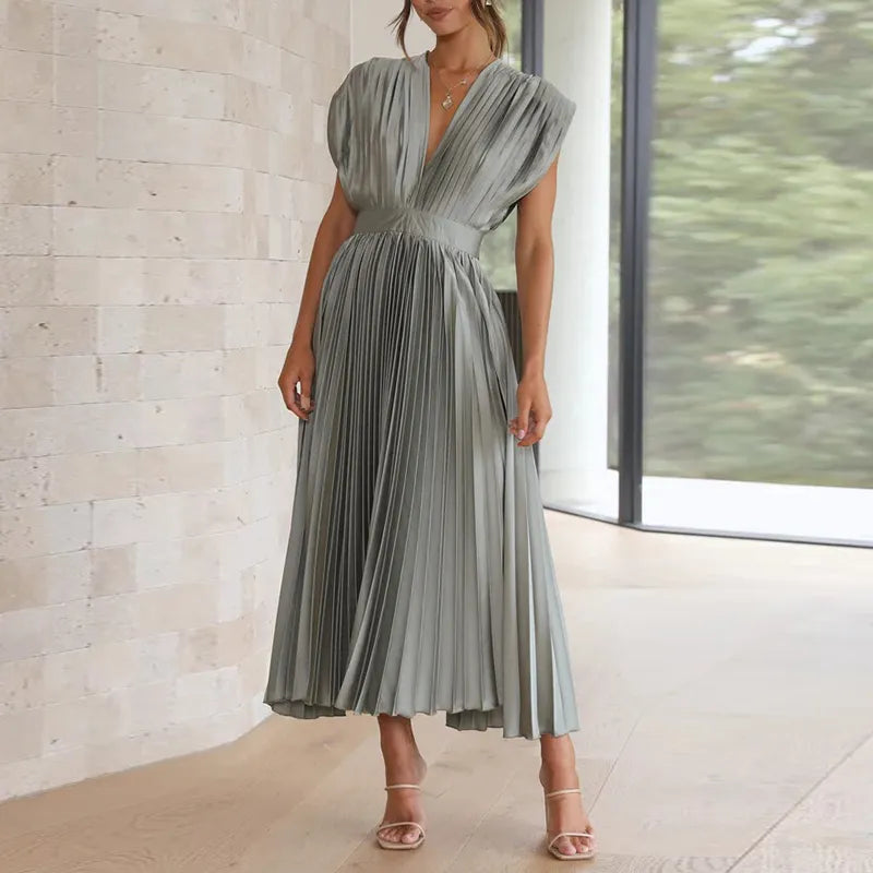 Elegant Satin Pleated Tie-Back Plunge Midi Dress | Elegant Dresses | Pekosa Women Clothing