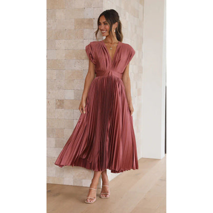 Elegant Satin Pleated Tie-Back Plunge Midi Dress | Elegant Dresses | Pekosa Women Clothing