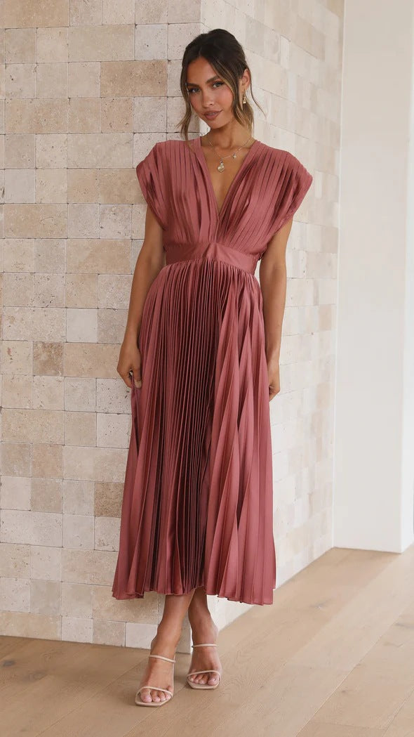 Elegant Satin Pleated Tie-Back Plunge Midi Dress | Elegant Dresses | Pekosa Women Clothing