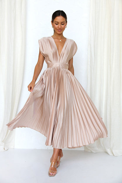 Elegant Satin Pleated Tie-Back Plunge Midi Dress | Elegant Dresses | Pekosa Women Clothing