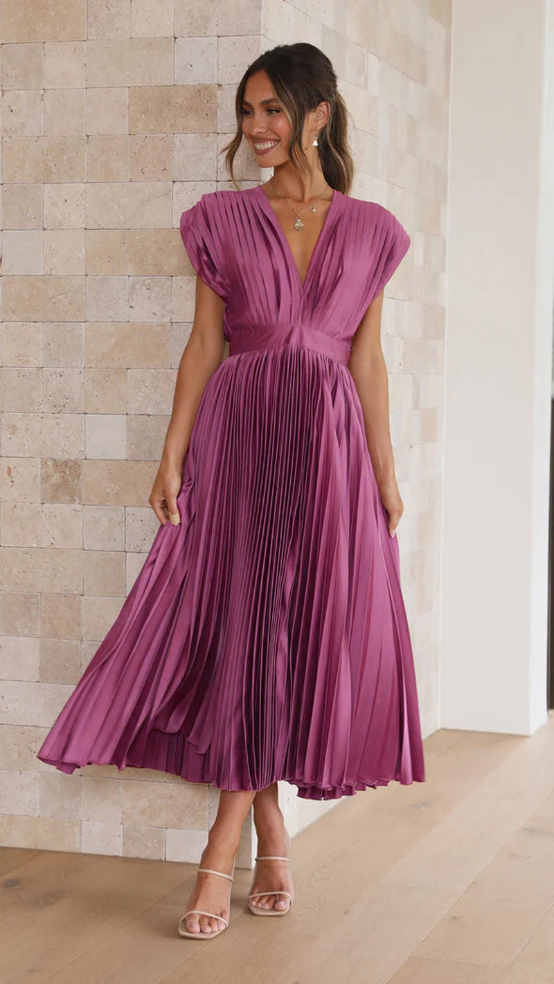 Elegant Satin Pleated Tie-Back Plunge Midi Dress | Elegant Dresses | Pekosa Women Clothing