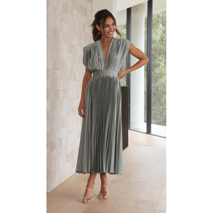 Elegant Satin Pleated Tie-Back Plunge Midi Dress | Elegant Dresses | Pekosa Women Clothing