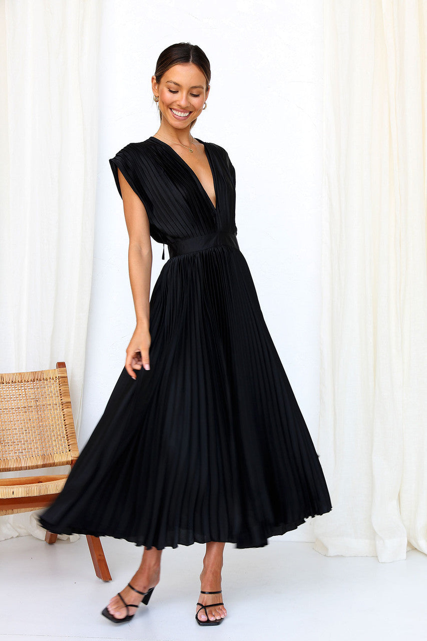 Elegant Satin Pleated Tie-Back Plunge Midi Dress | Elegant Dresses | Pekosa Women Clothing