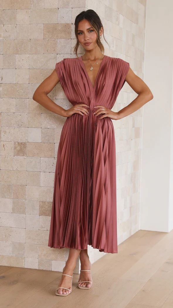 Elegant Satin Pleated Tie-Back Plunge Midi Dress | Elegant Dresses | Pekosa Women Clothing