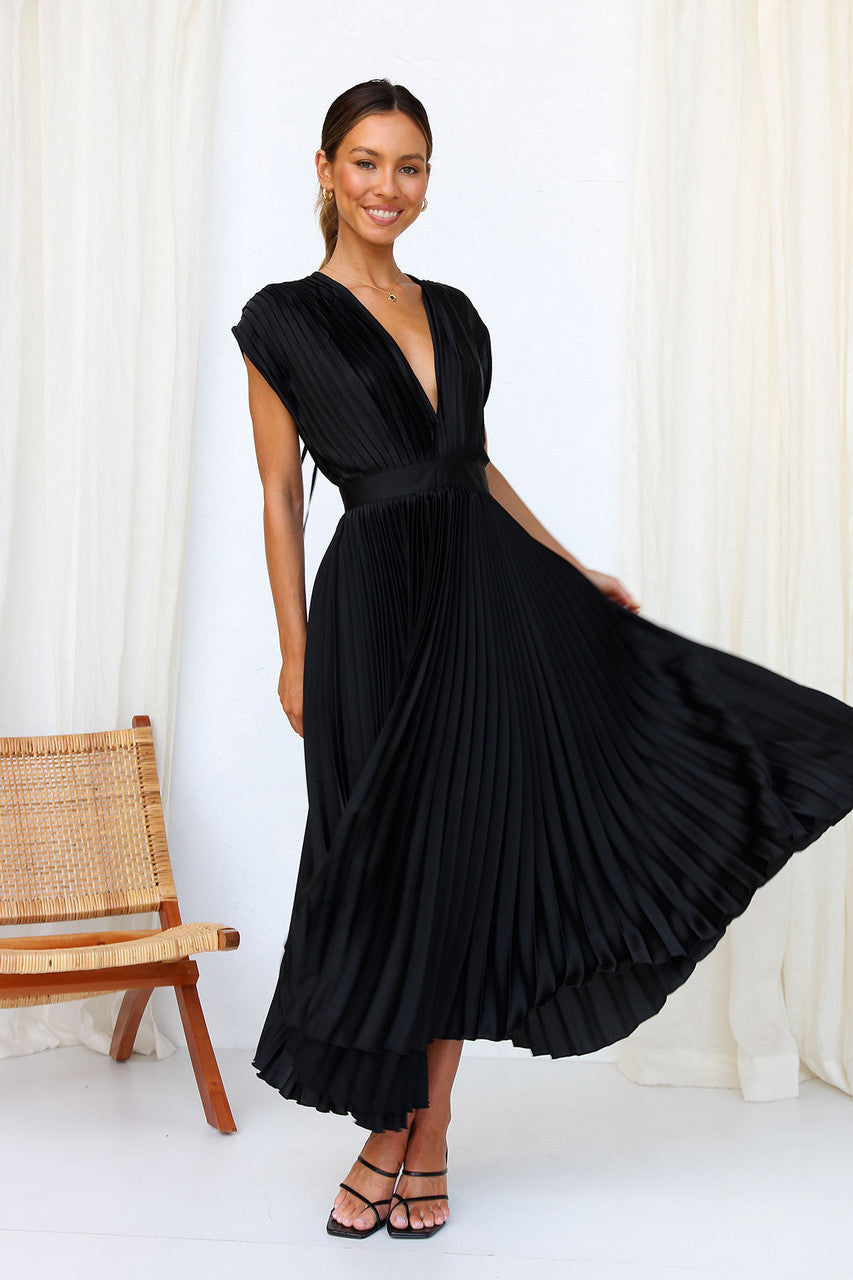 Elegant Satin Pleated Tie-Back Plunge Midi Dress | Elegant Dresses | Pekosa Women Clothing