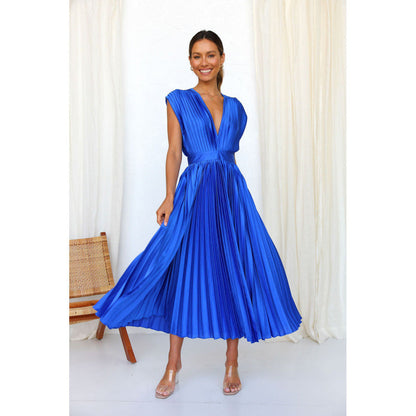 Elegant Satin Pleated Tie-Back Plunge Midi Dress | Elegant Dresses | Pekosa Women Clothing