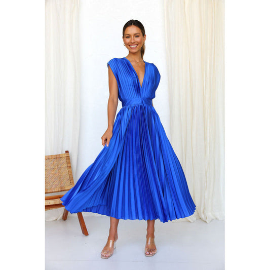 Elegant Satin Pleated Tie-Back Plunge Midi Dress | Elegant Dresses | Pekosa Women Clothing