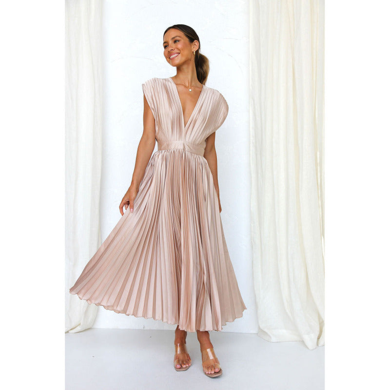 Elegant Satin Pleated Tie-Back Plunge Midi Dress | Elegant Dresses | Pekosa Women Clothing