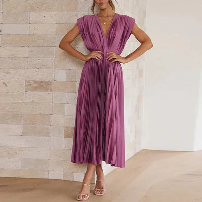 Elegant Satin Pleated Tie-Back Plunge Midi Dress | Elegant Dresses | Pekosa Women Clothing