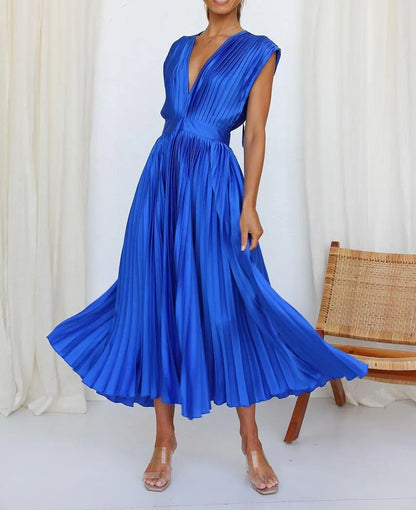 Elegant Satin Pleated Tie-Back Plunge Midi Dress | Elegant Dresses | Pekosa Women Clothing