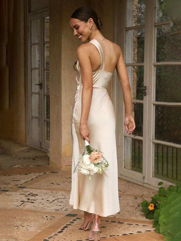 Elegant Dresses- Elegant Satin Wedding Guest Trumpet One-Shoulder Dress- - IndioGear Clothing and Gear