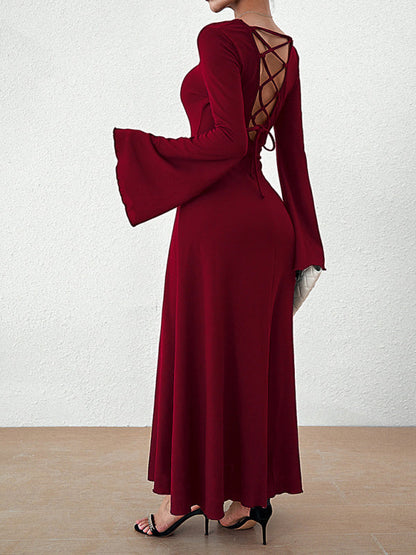 Elegant Dresses- Elegant Solid A-Line Maxi Dress with Flared Sleeves & Lace-Up Back- - IndioGear Fashion and Gear