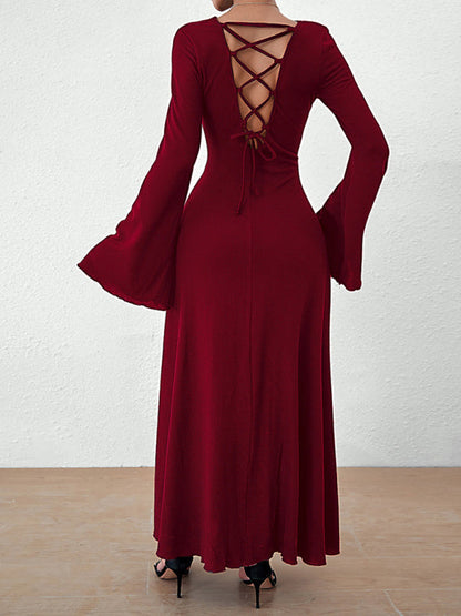 Elegant Dresses- Elegant Solid A-Line Maxi Dress with Flared Sleeves & Lace-Up Back- - IndioGear Fashion and Gear