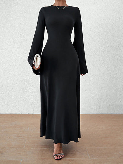 Elegant Dresses- Elegant Solid A-Line Maxi Dress with Flared Sleeves & Lace-Up Back- Black- IndioGear Fashion and Gear