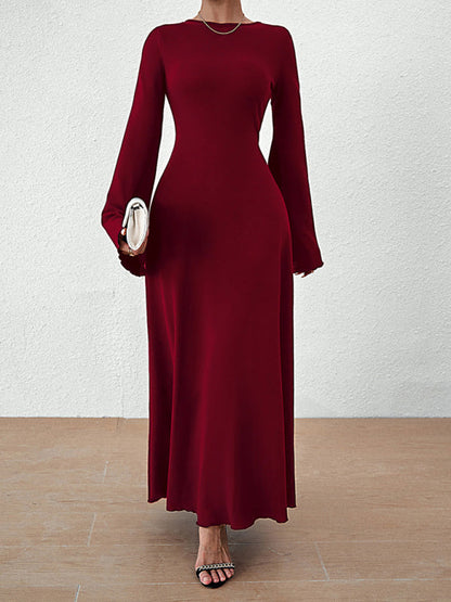 Elegant Dresses- Elegant Solid A-Line Maxi Dress with Flared Sleeves & Lace-Up Back- Wine Red- IndioGear Fashion and Gear