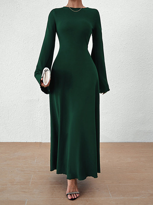 Elegant Dresses- Elegant Solid A-Line Maxi Dress with Flared Sleeves & Lace-Up Back- Green black jasper- IndioGear Fashion and Gear