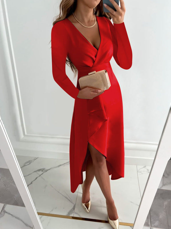 Elegant Dresses- Elegant Solid Faux Wrap Ruffle V-Neck Long Sleeve Dress- Red- IndioGear Clothing and Gear