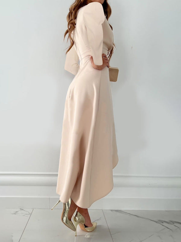 Elegant Dresses- Elegant Solid Faux Wrap Ruffle V-Neck Long Sleeve Dress- - IndioGear Clothing and Gear