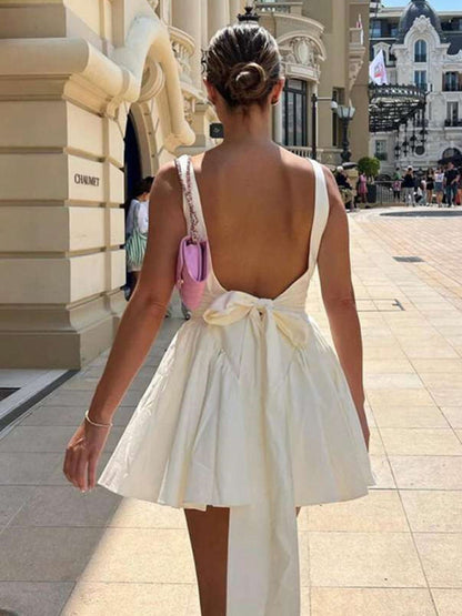 Elegant Dresses- Elegant Square Neck Bow Tie Backless Flared Mini Dress- - IndioGear Clothing and Gear