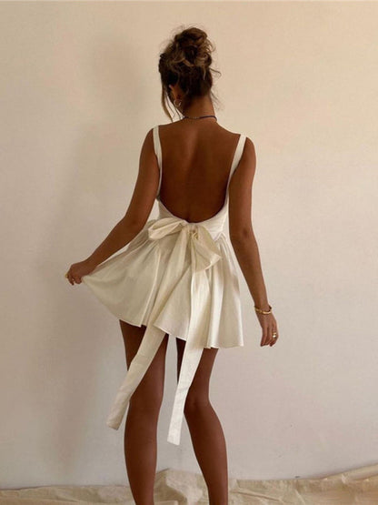 Elegant Dresses- Elegant Square Neck Bow Tie Backless Flared Mini Dress- - IndioGear Clothing and Gear