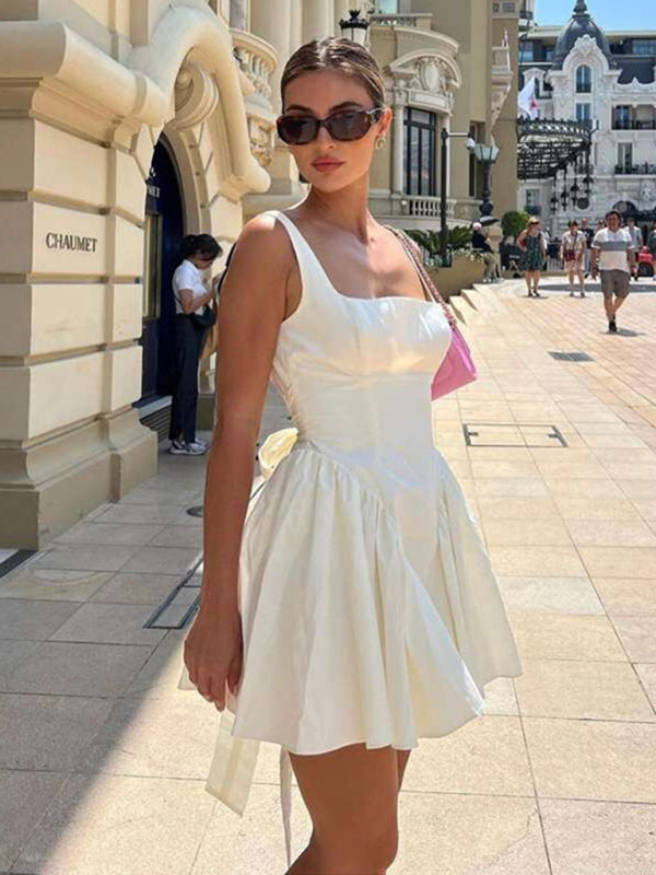 Elegant Dresses- Elegant Square Neck Bow Tie Backless Flared Mini Dress- White- IndioGear Clothing and Gear