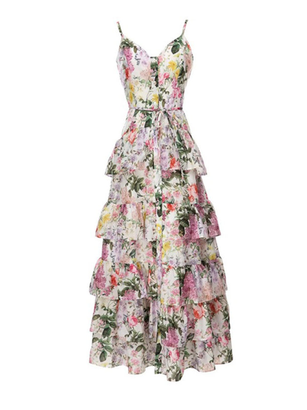 Robe longue florale à volants pour les mariages d'été