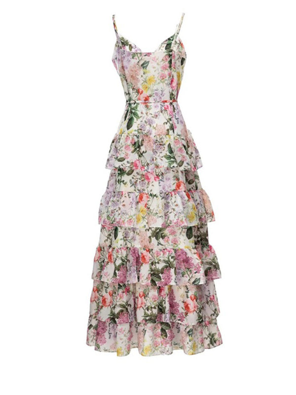 Robe longue florale à volants pour les mariages d'été