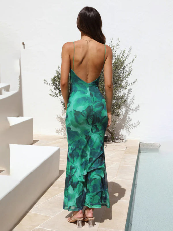 Elegant Dresses- Mermaid Backless Cowl Maxi Dress in Green Print- - IndioGear Fashion and Gear