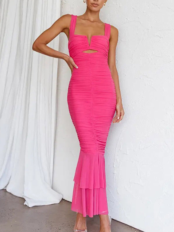 Elegant Dresses- Mesh Bandage Mermaid Gown - Ruched Trumpet Dress- Rose- IndioGear Fashion and Gear