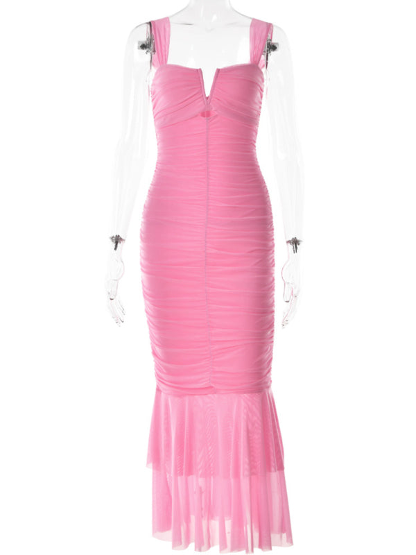 Elegant Dresses- Mesh Bandage Mermaid Gown - Ruched Trumpet Dress- Pink- IndioGear Fashion and Gear