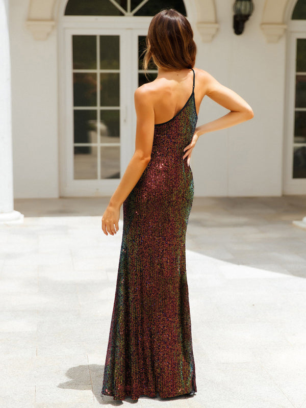 Elegant Dresses- Red Carpet Sequin One-Shoulder Slit Maxi Dress- - IndioGear Clothing and Gear