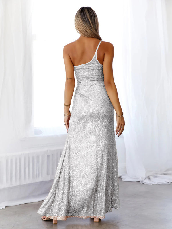 Elegant Dresses- Red Carpet Sequin One-Shoulder Slit Maxi Dress- - IndioGear Clothing and Gear