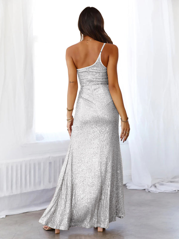 Elegant Dresses- Red Carpet Sequin One-Shoulder Slit Maxi Dress- - IndioGear Clothing and Gear