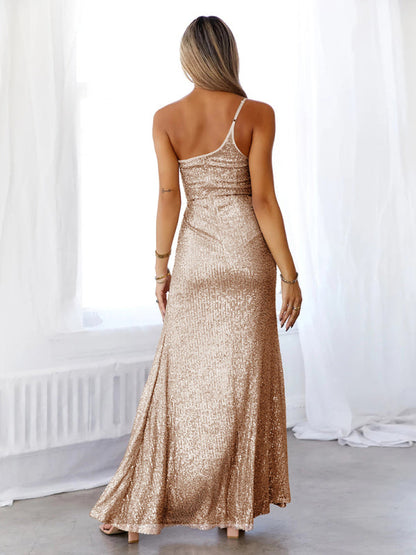 Elegant Dresses- Red Carpet Sequin One-Shoulder Slit Maxi Dress- - IndioGear Clothing and Gear