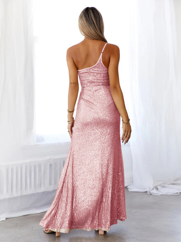 Elegant Dresses- Red Carpet Sequin One-Shoulder Slit Maxi Dress- - IndioGear Clothing and Gear