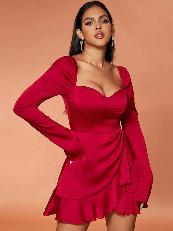 Elegant Dresses-Satin Sweetheart A-Line Mini Dress with Long Bell Sleeves & Ruffle Hem-Pekosa Women Clothing