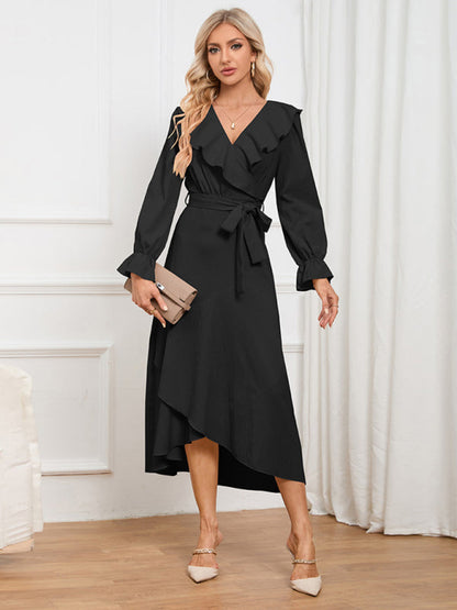 Elegant Dresses- Solid Wrap and Tie-Belt Dress for Fall Cocktails- - IndioGear Clothing and Gear