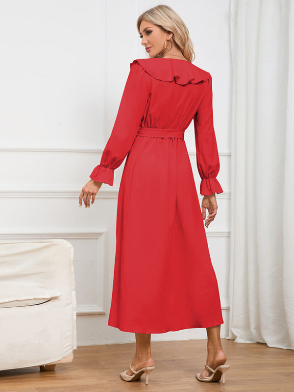 Elegant Dresses- Solid Wrap and Tie-Belt Dress for Fall Cocktails- - IndioGear Clothing and Gear