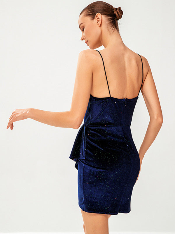 Elegant Dresses- Sparkling Cami Mini Dress in Velvet Velour for Cocktail Parties- - IndioGear Clothing and Gear