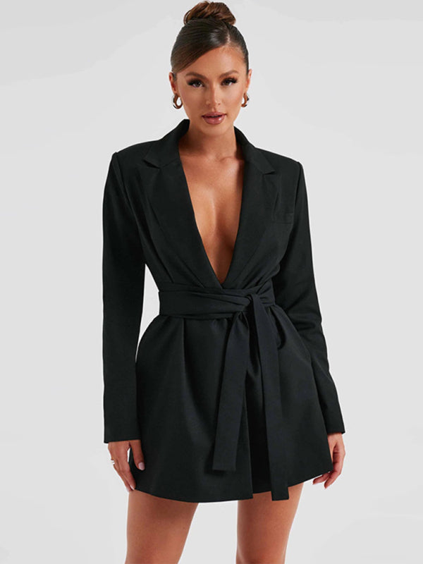 Elegant Dresses-Wedding Guest Plunging Neckline Wrap Mini Dress with Long Sleeves-Pekosa Women Clothing