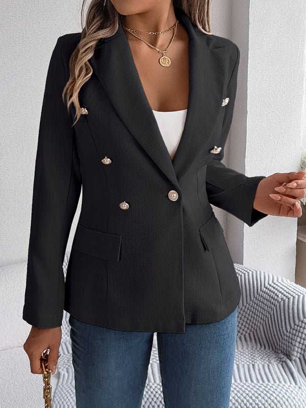 Elegant Jackets- Tailored Solid Notch Lapel Blazer in Double Breasted- Black- IndioGear Fashion and Gear