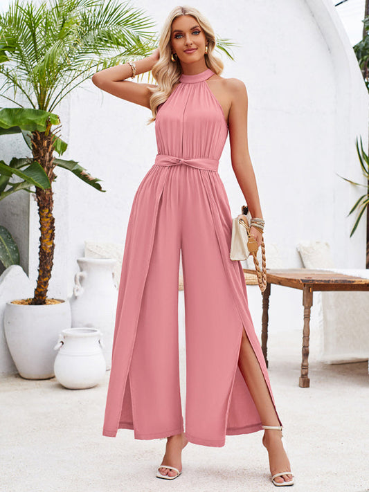 Elegant Jumpsutis- Belted Cocktail Jumpsuit - Elegant Halter Neck Playsuit- Pink- IndioGear Fashion and Gear