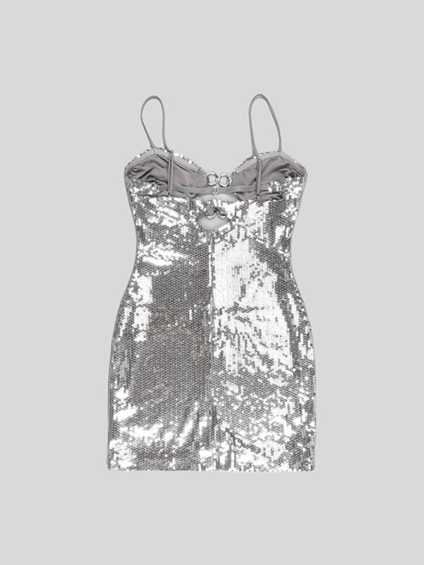 Elegant Party Dresses- Elegant Sparkly Sequined Cutout Bodycon Mini Dress- - IndioGear Clothing and Gear