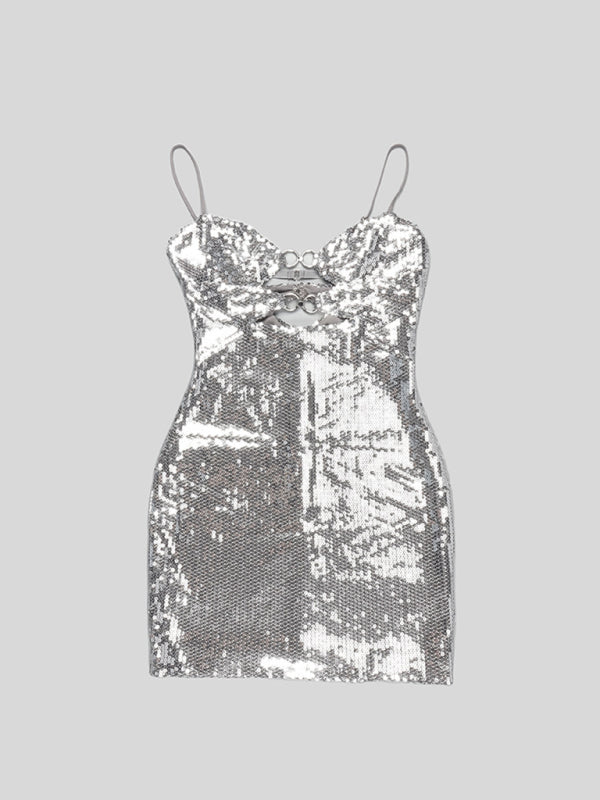 Elegant Party Dresses- Elegant Sparkly Sequined Cutout Bodycon Mini Dress- - IndioGear Clothing and Gear