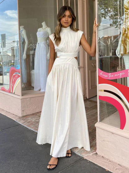 Elegant Summer Dresses- Elegant A-Line Maxi Dress with Stand Collar & Cutout Back- White- IndioGear Fashion and Gear