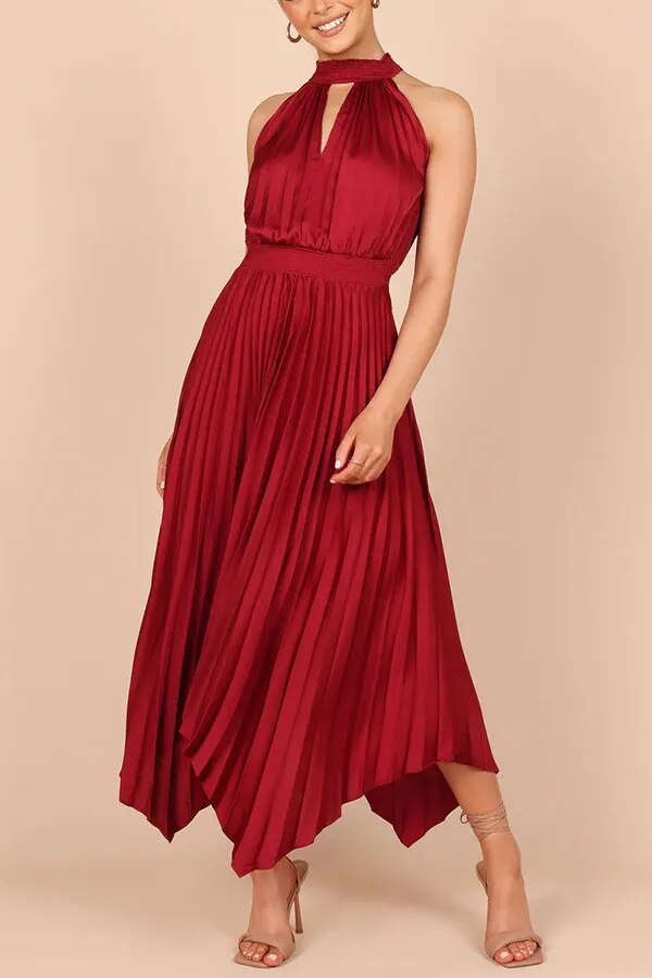 Cocktail Satin Pleated Sleeveless Elegant Choker Midi Dress | Elegant dresses | Pekosa Women Clothing