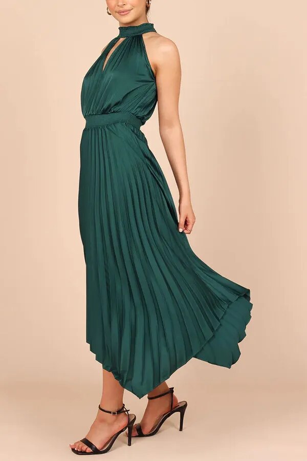 Cocktail Satin Pleated Sleeveless Elegant Choker Midi Dress | Elegant dresses | Pekosa Women Clothing