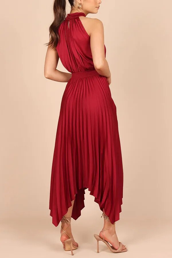 Cocktail Satin Pleated Sleeveless Elegant Choker Midi Dress | Elegant dresses | Pekosa Women Clothing